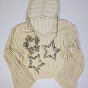 Pol Open Knit Long Sleeve M Hooded Oversized Floral Cream Cottagecore